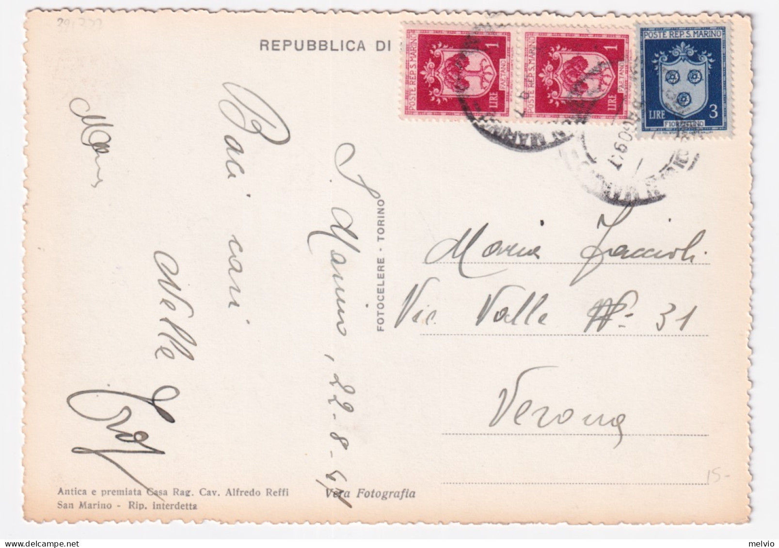 1947-S. MARINO Stemmi Lire 3 E Coppia Lire 1 (284+287) Su Cartolina (Palazzo Gov - Storia Postale