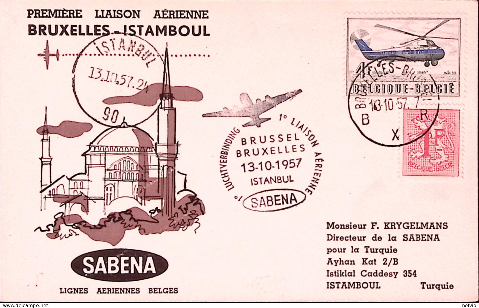 1957-Belgio I^volo SABENA Bruxelles-Istanbul - Correo Aéreo