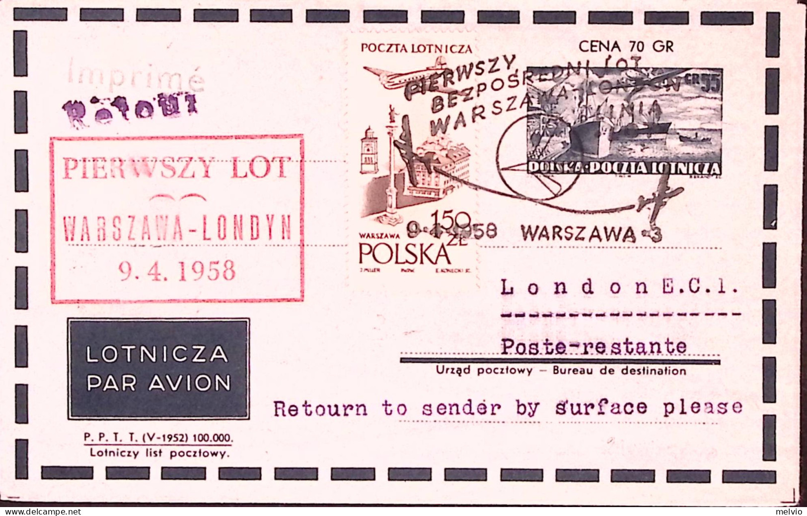 1958-Polonia I^volo LOT Varsavia-Londra - Poste Aérienne