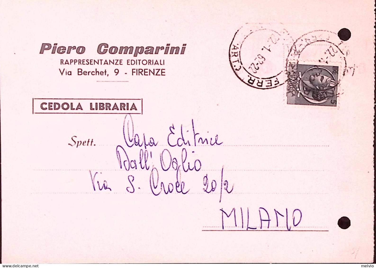 1962-Siracusana Lire 5 Isolato Su Cedola Commissione Libraria Fori Archivio - 1961-70: Marcofilie