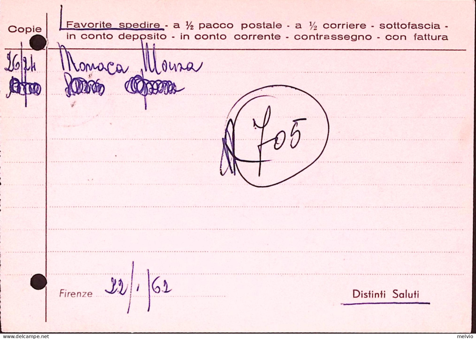 1962-Siracusana Lire 5 Isolato Su Cedola Commissione Libraria Fori Archivio - 1961-70: Poststempel