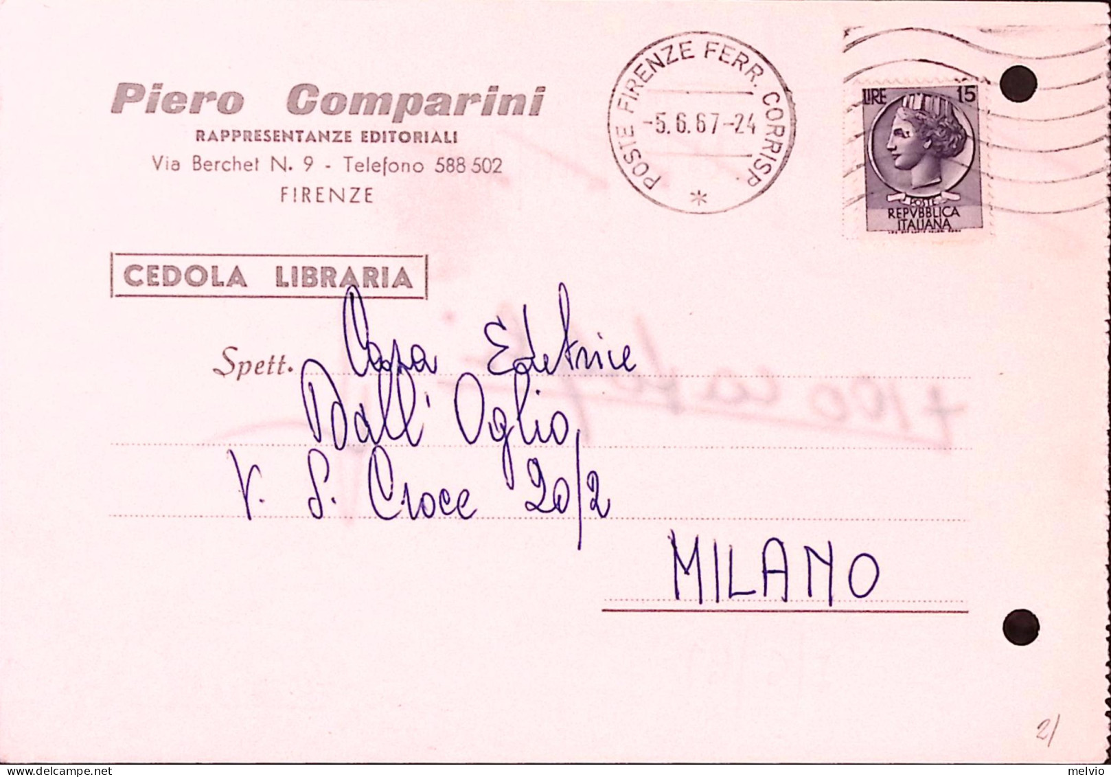 1967-Siracusana Lire 15 Isolato Su Cedola Commissione Libraria, Fori D'archivio - 1961-70: Poststempel