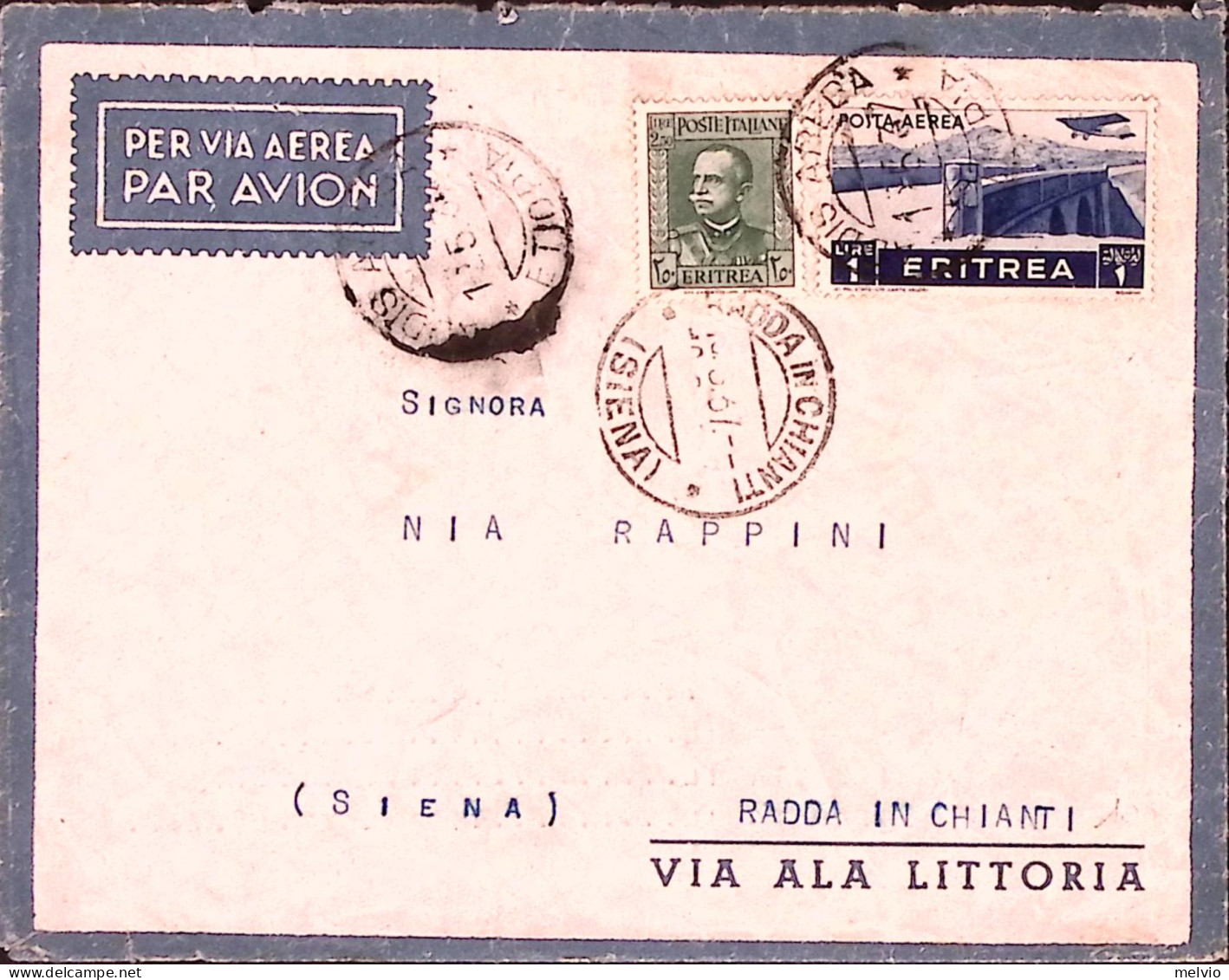 1937-ERITREA Effigie Lire 2,50 (202) + PA Lire 1 (21) Su Busta Via Aerea Addis A - Eritrea