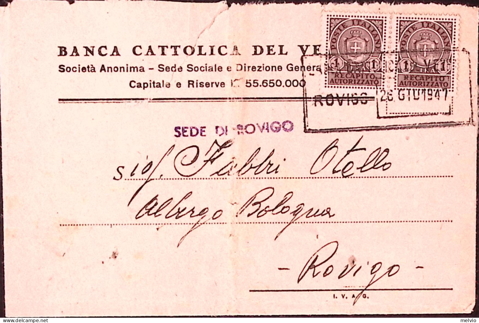 1947-R.A. Coppia Lire 1 (7) Su Busta Rovigo (26.6.47) - Storia Postale