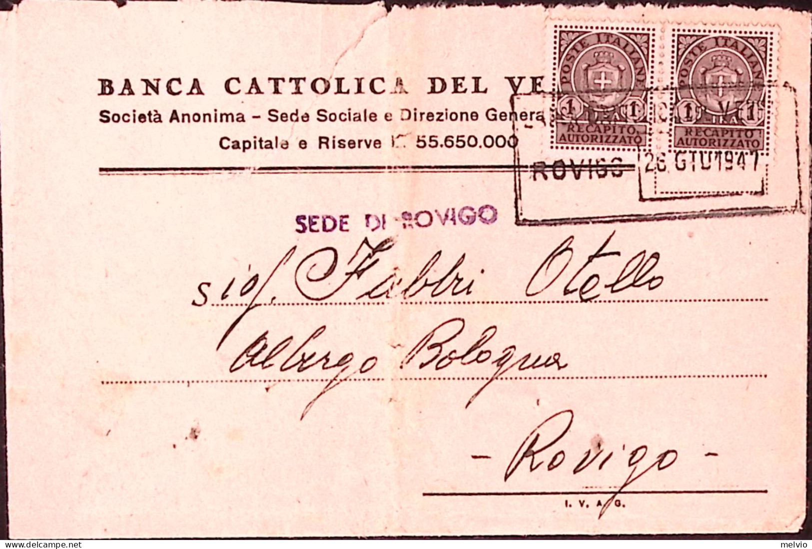 1947-R.A. Coppia Lire 1 (7) Su Busta Rovigo (26.6.47) - Marcofilía