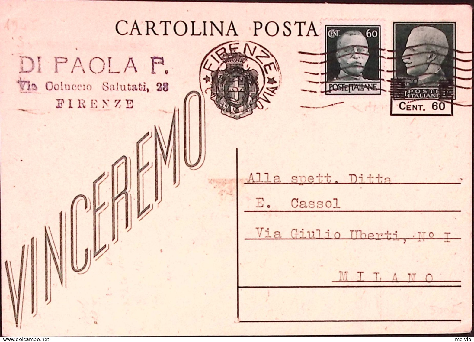 1945-CP C.60/15 (C114) + Imperiale SF C.60 (530) Firenze (24.9.45) - Entiers Postaux