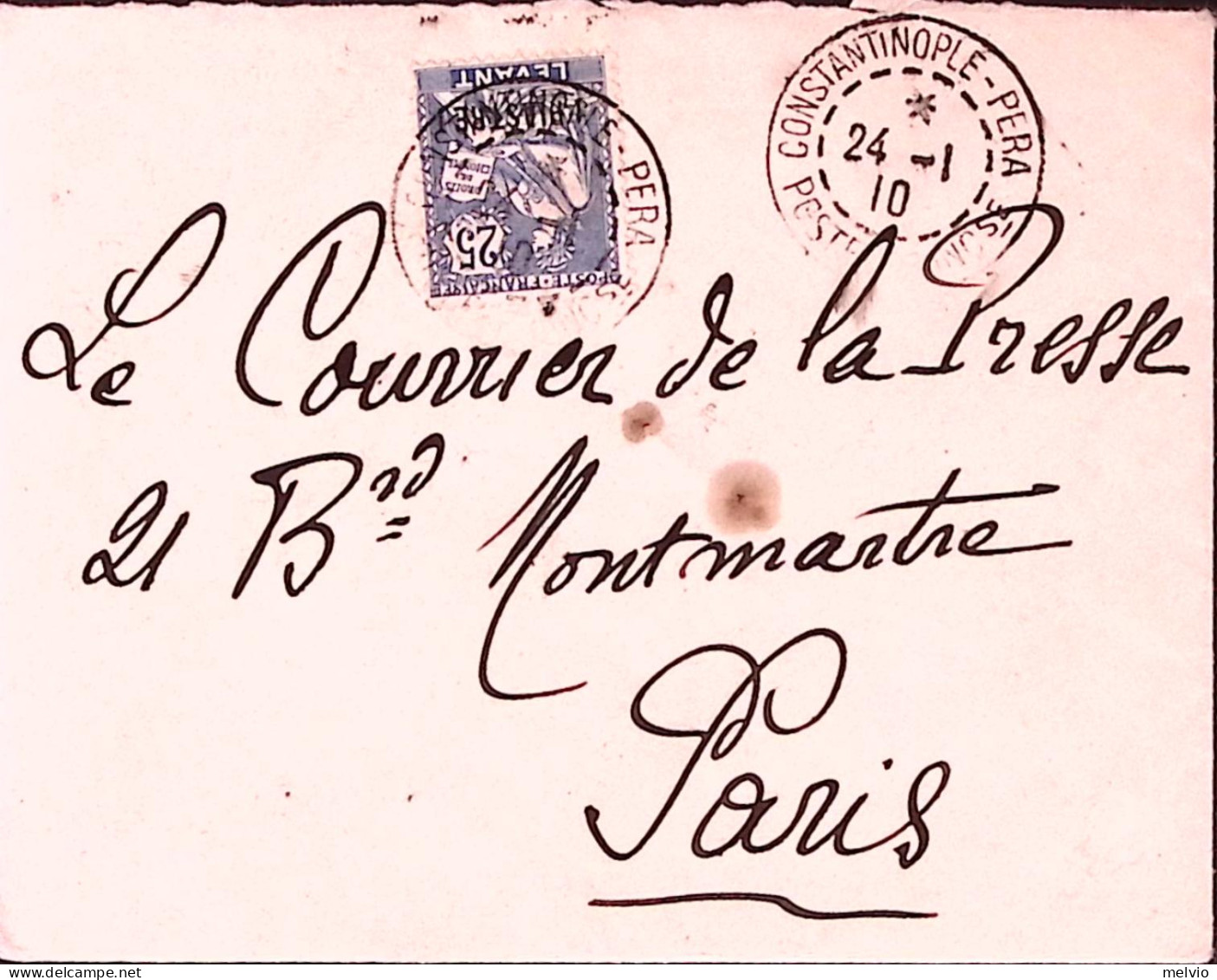 1910-LEVANTE Uff. Francesi Pi 1/25 Su Busta (24.1.1910) Per La Francia - Sonstige & Ohne Zuordnung