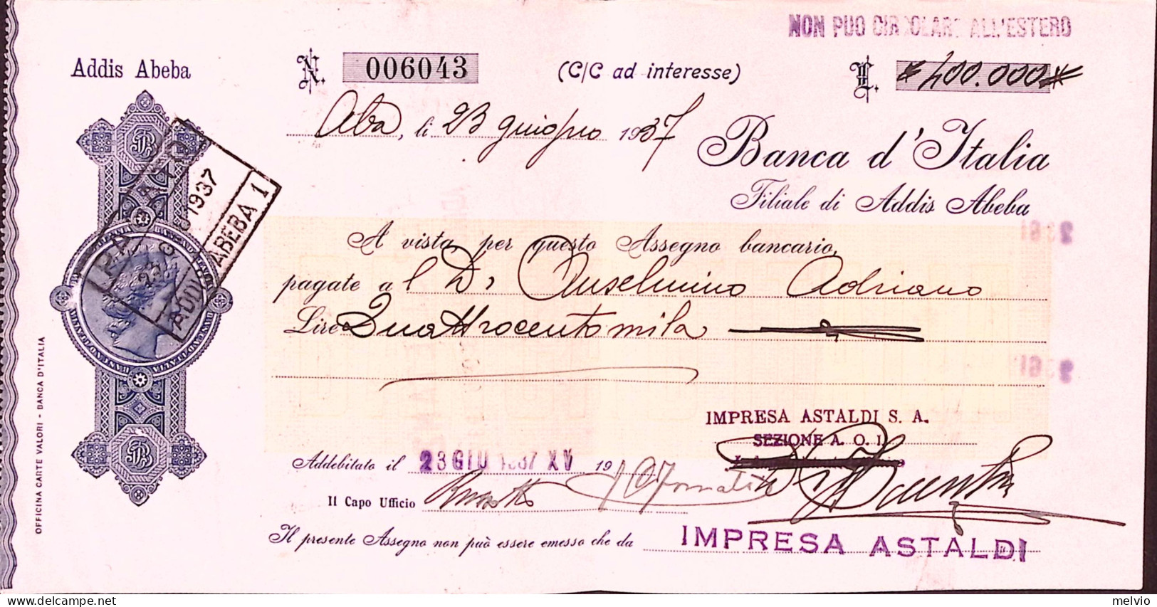 1937-ERITREA Pittorica Coppia C.5 Raro Uso Come Fiscale Al Verso Assegno - Erythrée