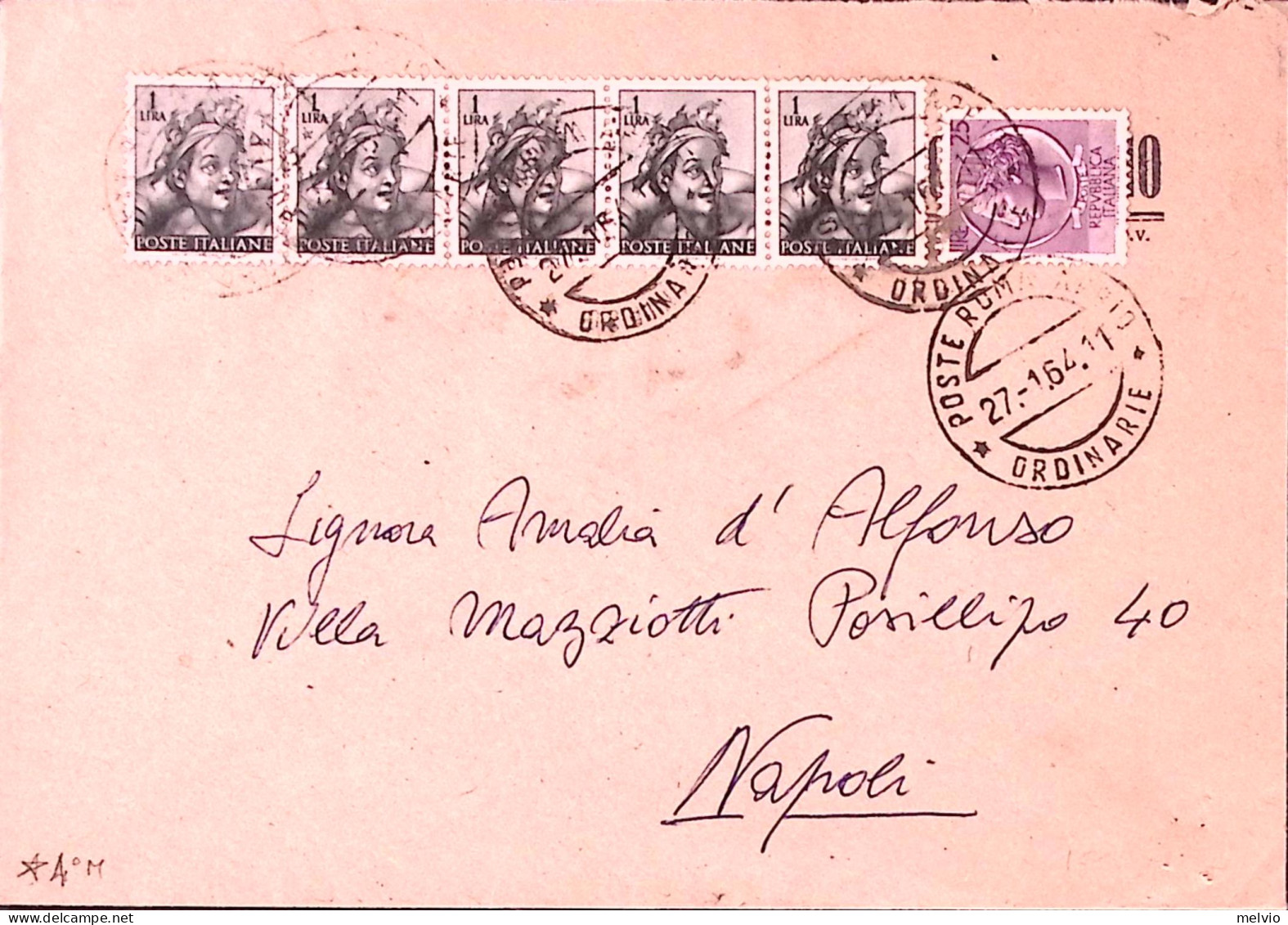 1964-Siracusana Lire 25 + Michelangiolesca L.1 Striscia Di 5 Esemplari Su Busta - 1961-70: Poststempel