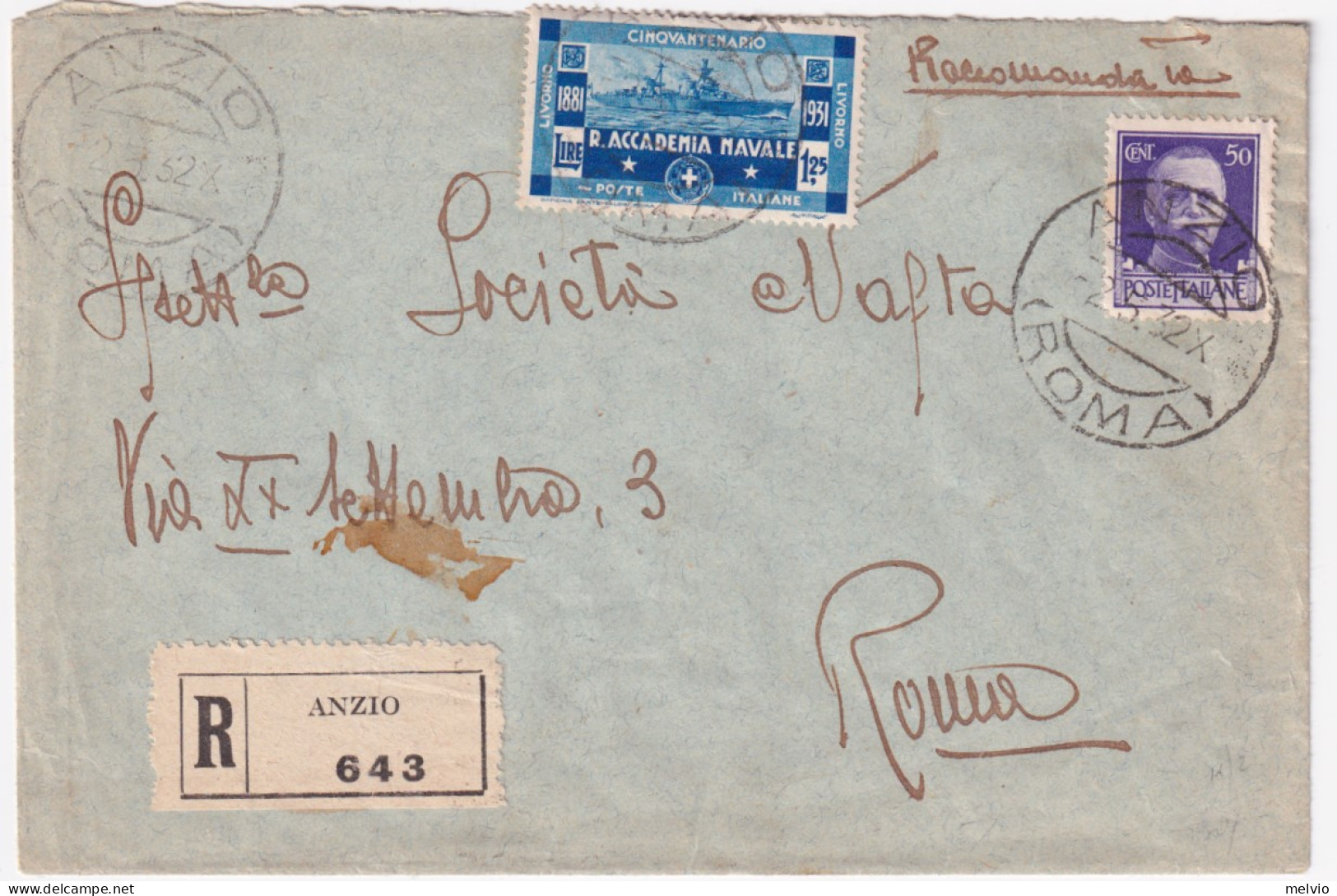 1932-ACCADEMIA NAVALE Lire 1,25 E Imperiale C.50 (251+302) Su Raccomandata Anzio - Poststempel