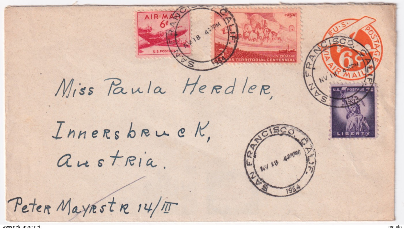 1954-U.S.A.  Busta Postale Aerea C.6 + Statua Liberta' C.3 + Posta Aerea C.3 S.F - 1946-60: Poststempel