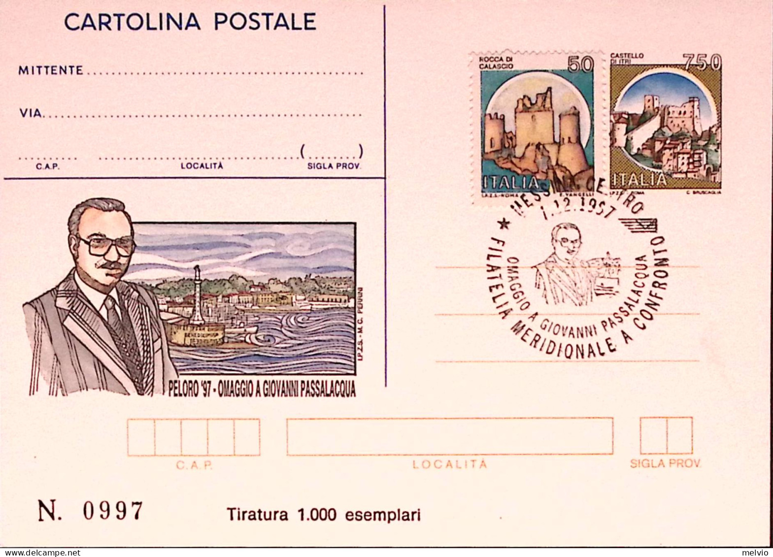 1997-PELORO Omaggio A G.Passalacqua Cartolina Postale IPZS Lire 750 Ann Spec - Ganzsachen