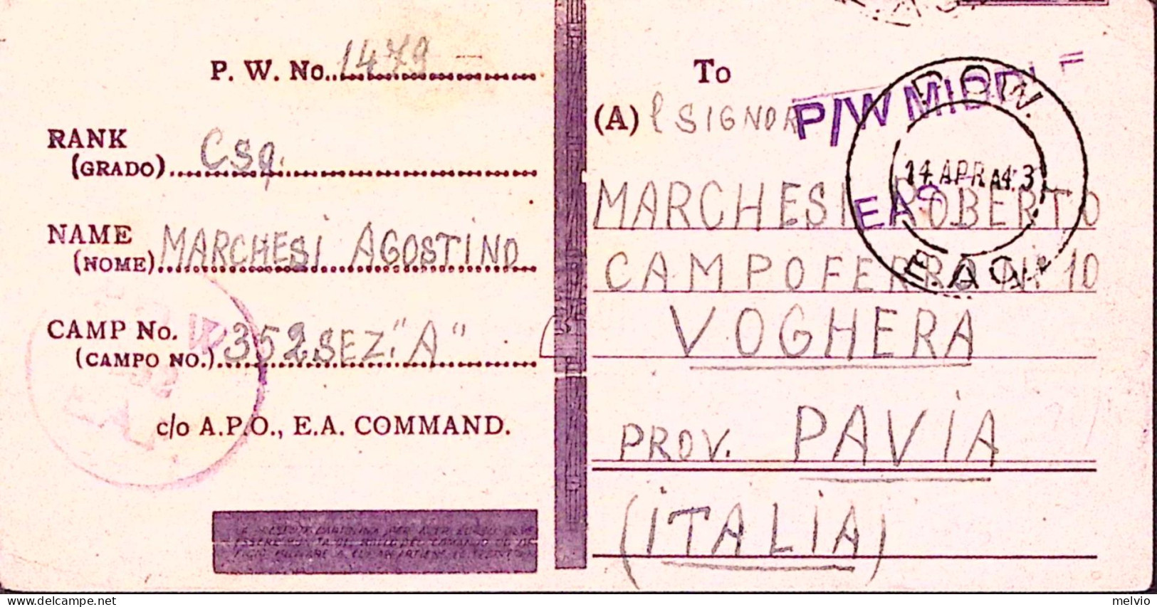 1943-PRIGIONIERI GUERRA In EAST Africa POW Camp 352/A Cartolina Franchigia Decap - Poststempel