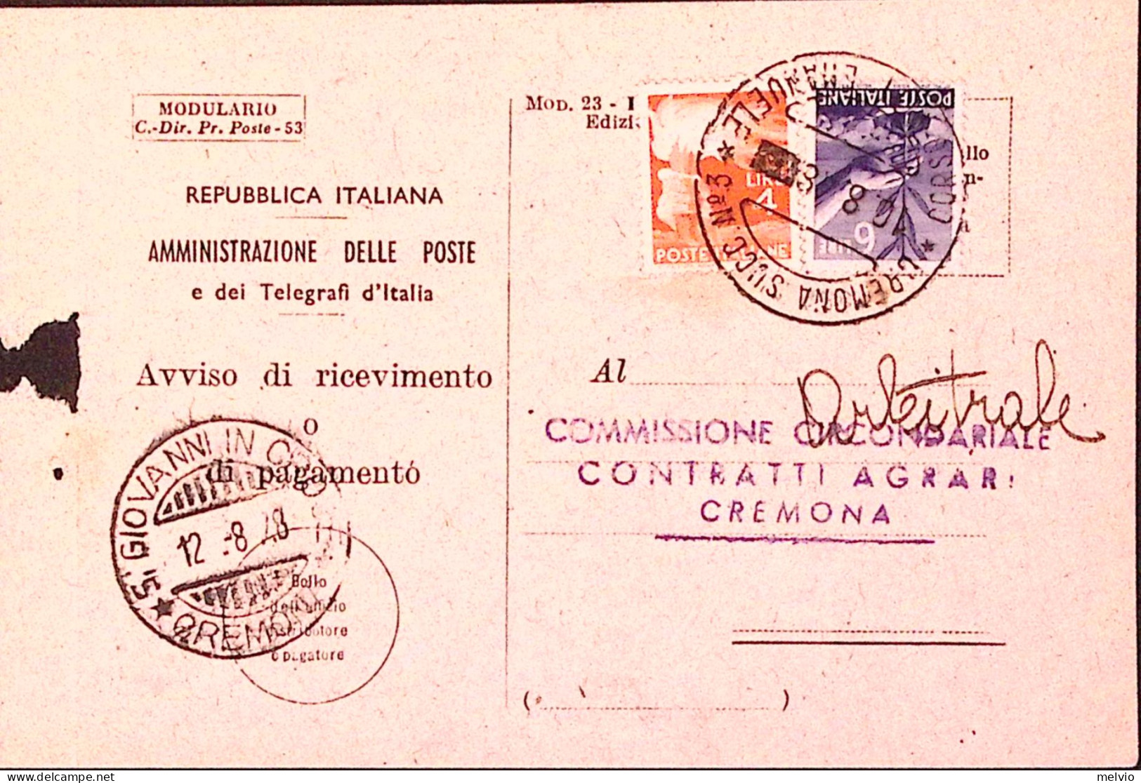 1948-Democratica. Lire 4 E 6 Su Avviso Ricevimento (10.8 ULTIMO GIORNO TARIFFA) - 1946-60: Poststempel