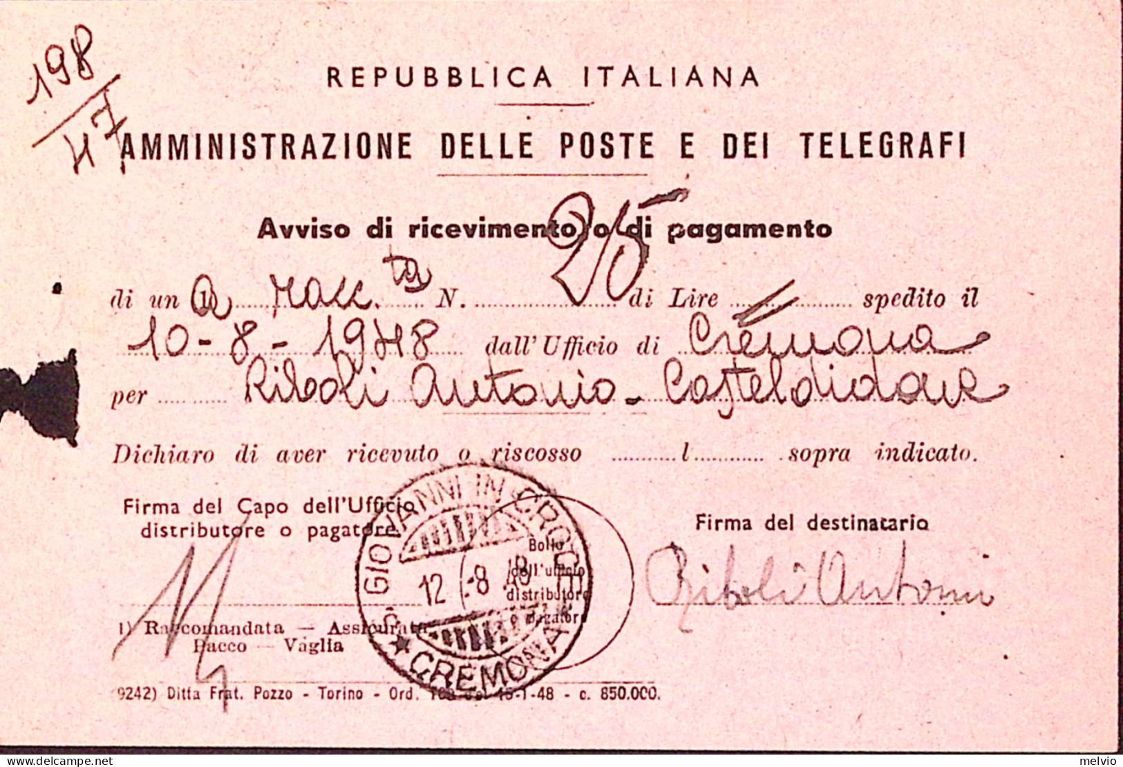 1948-Democratica. Lire 4 E 6 Su Avviso Ricevimento (10.8 ULTIMO GIORNO TARIFFA) - 1946-60: Poststempel