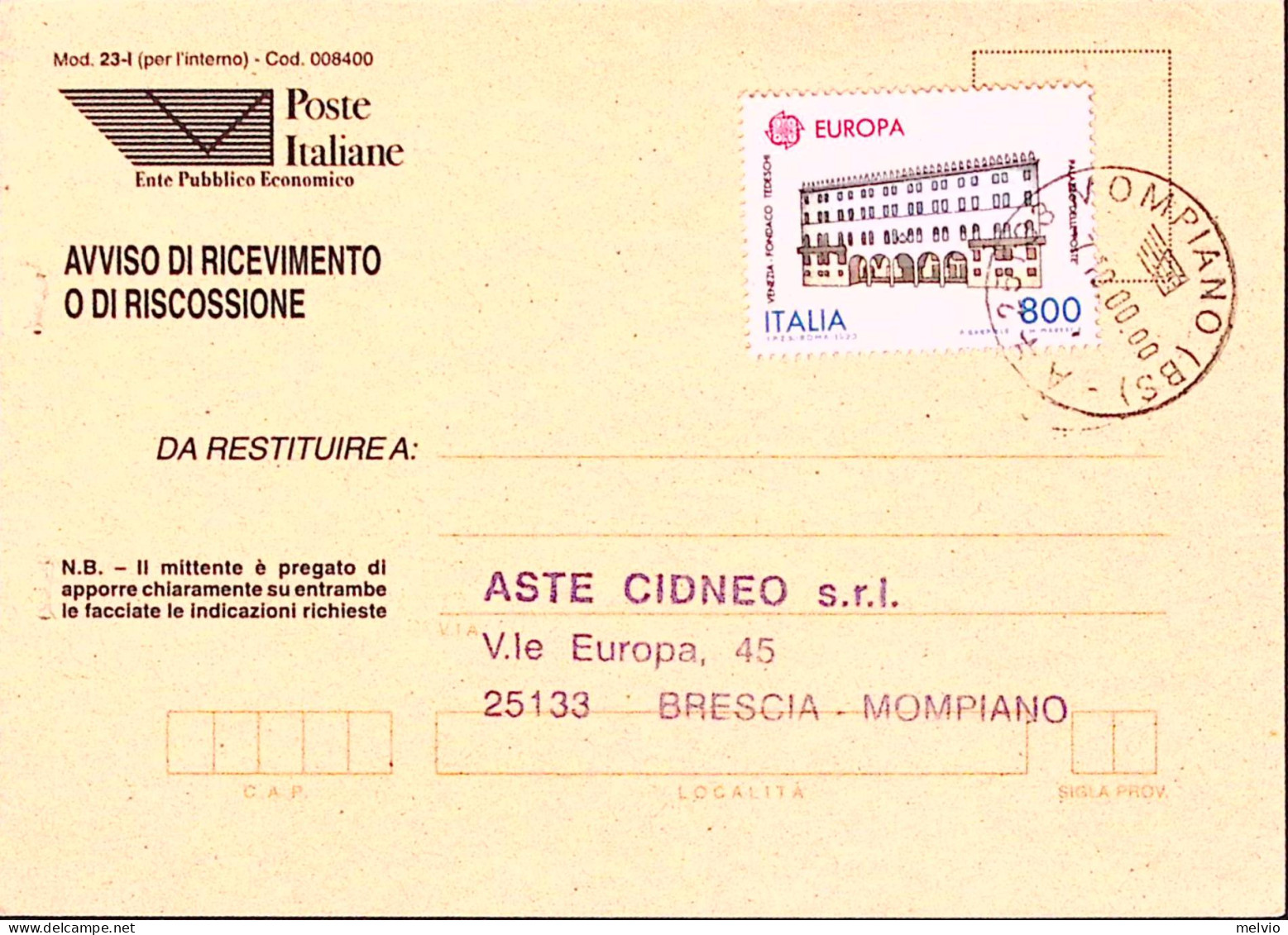 2000-Europa1990 Lire 800 Venezia Fondaco Tedeschi Isolato Su Avviso Ricevimento - 1991-00: Storia Postale