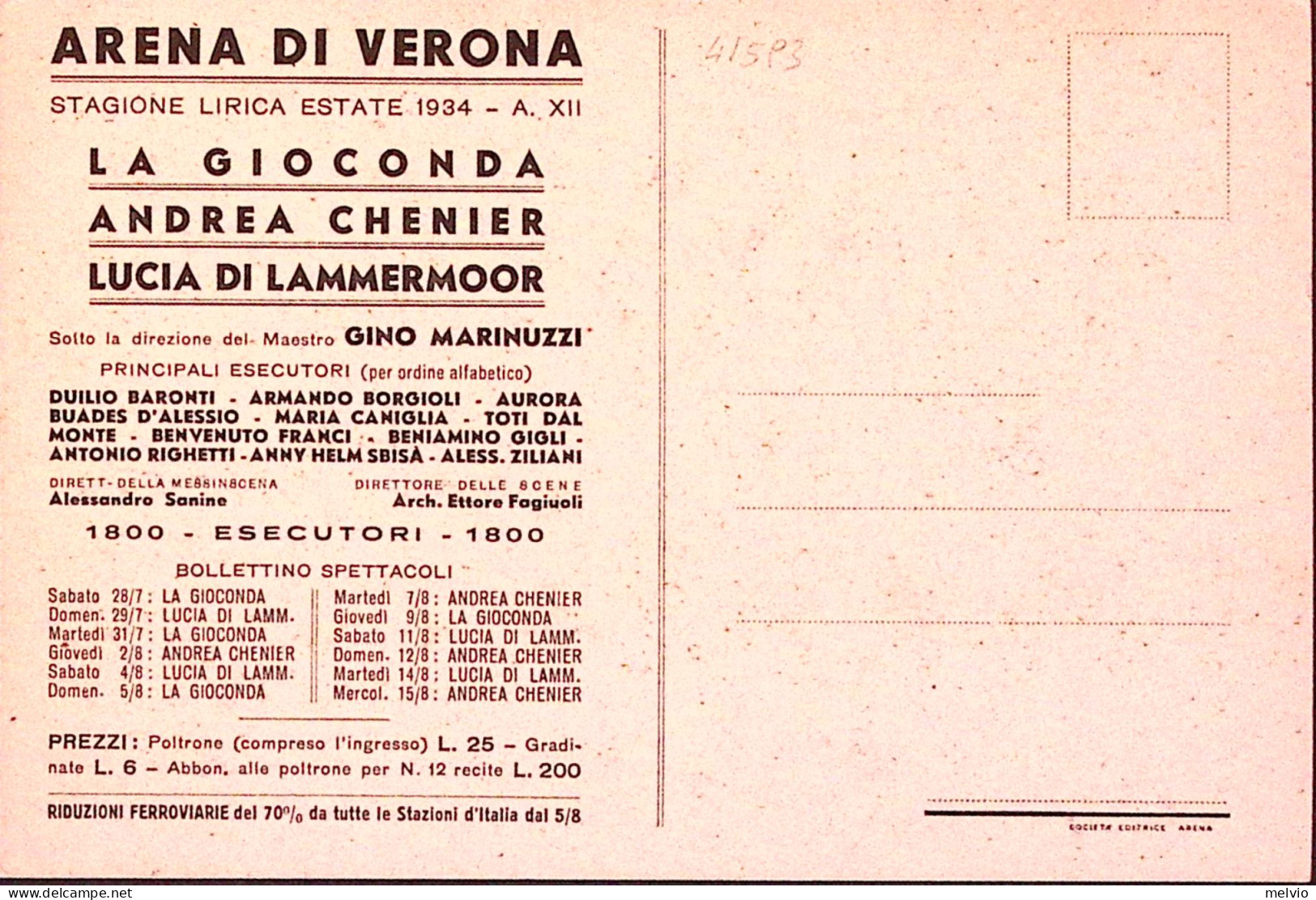 1934-VERONA ARENA, Pubblicitaria Stagione1934, Nuova - Muziek