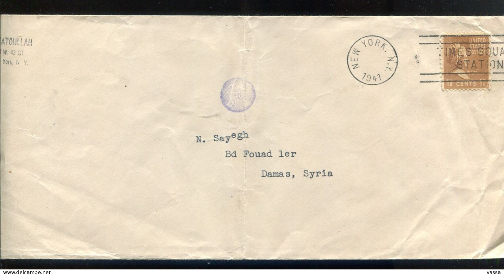 USA - 1941 - Cover Mailed To Damascus SYRIA (arrival Rural  Negative Cancellation ) & Franked In TIMES SQUARE NEW YORK - Covers & Documents