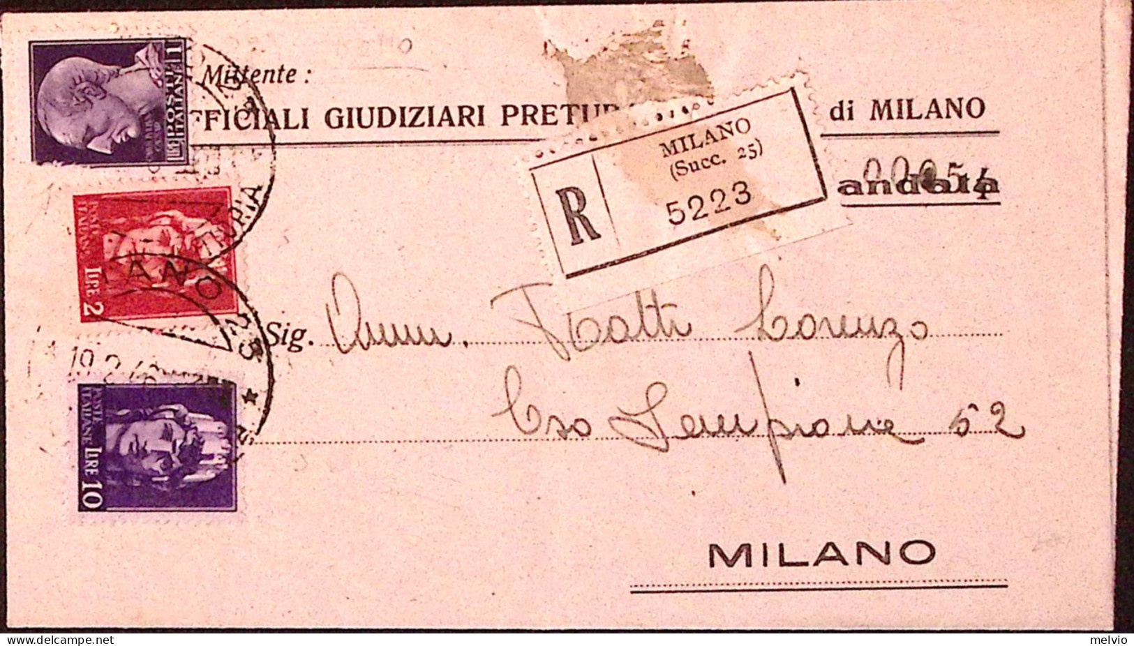 1946-Imperiale Senza Fasci E Senza Filigrana Lire 10, 2 E 1 Su Piego Raccomandat - Marcofilía