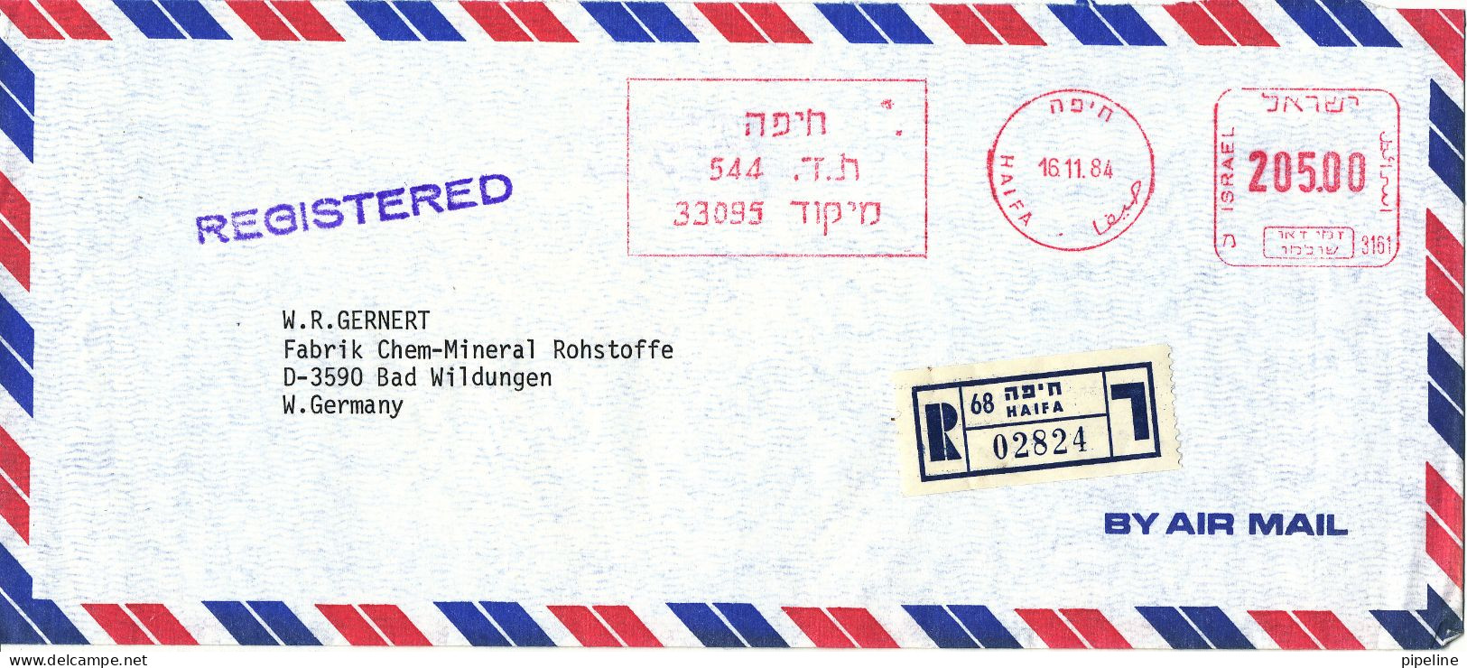 Israel Registered Air Mail Cover With Meter Cancel Haifa 16-11-1984 Sent To Germany - Aéreo