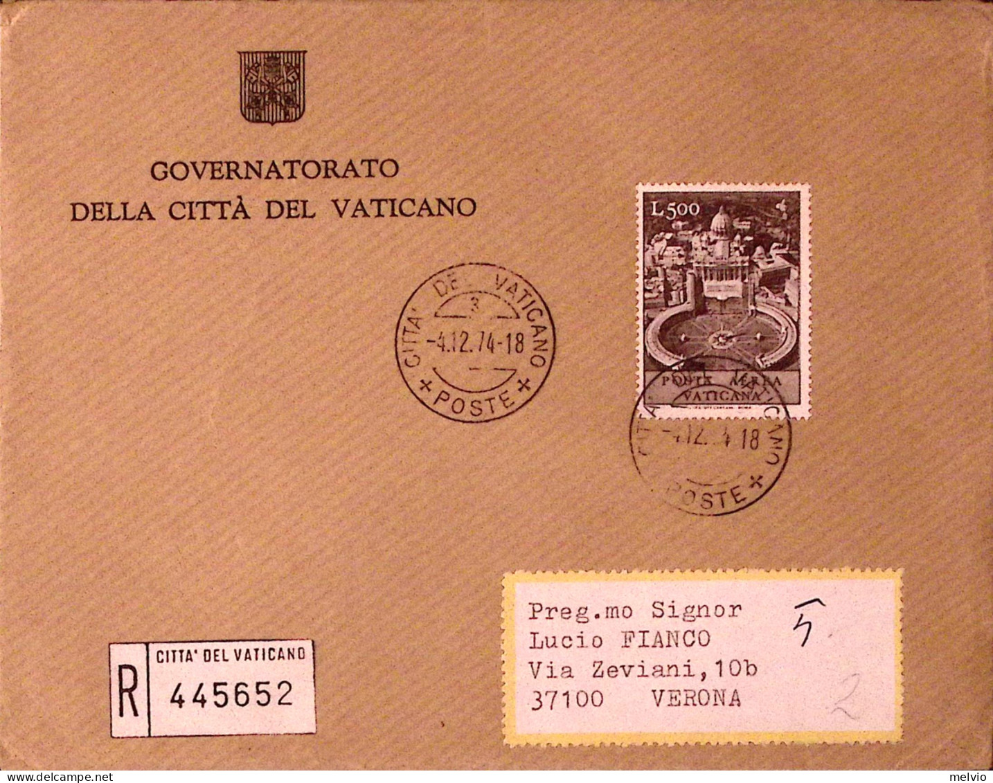 1974-VATICANO Posta Aerea Lire 500 (52) Isolato Su Racc. - Other & Unclassified