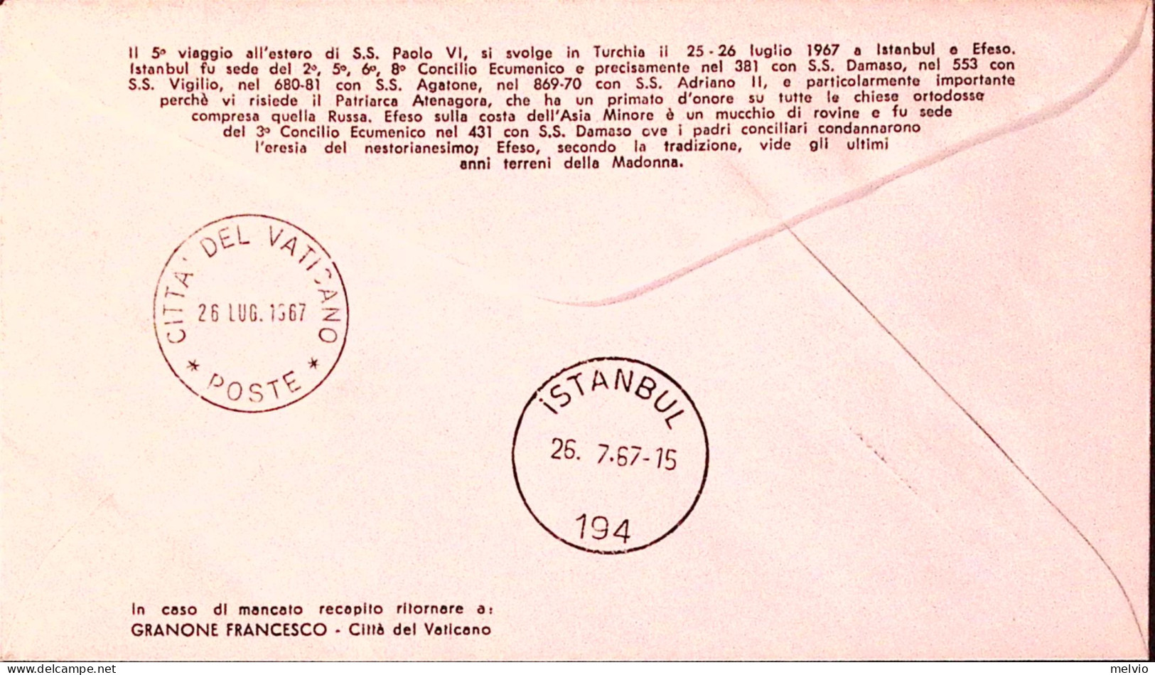 1967_Vaticano Volo ROMA-ISTAMBUL Di PAOLO VI (25.7) - Luftpost
