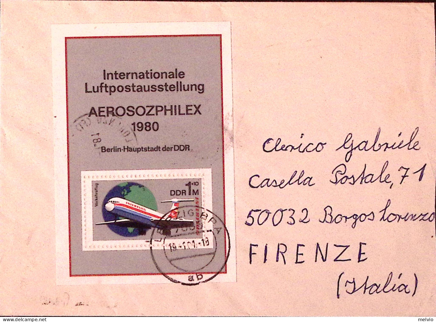 1980-GERMANIA DDR . Espos. Filat. Aeronautica (Fg.59) Su Busta Per Italia - Brieven En Documenten