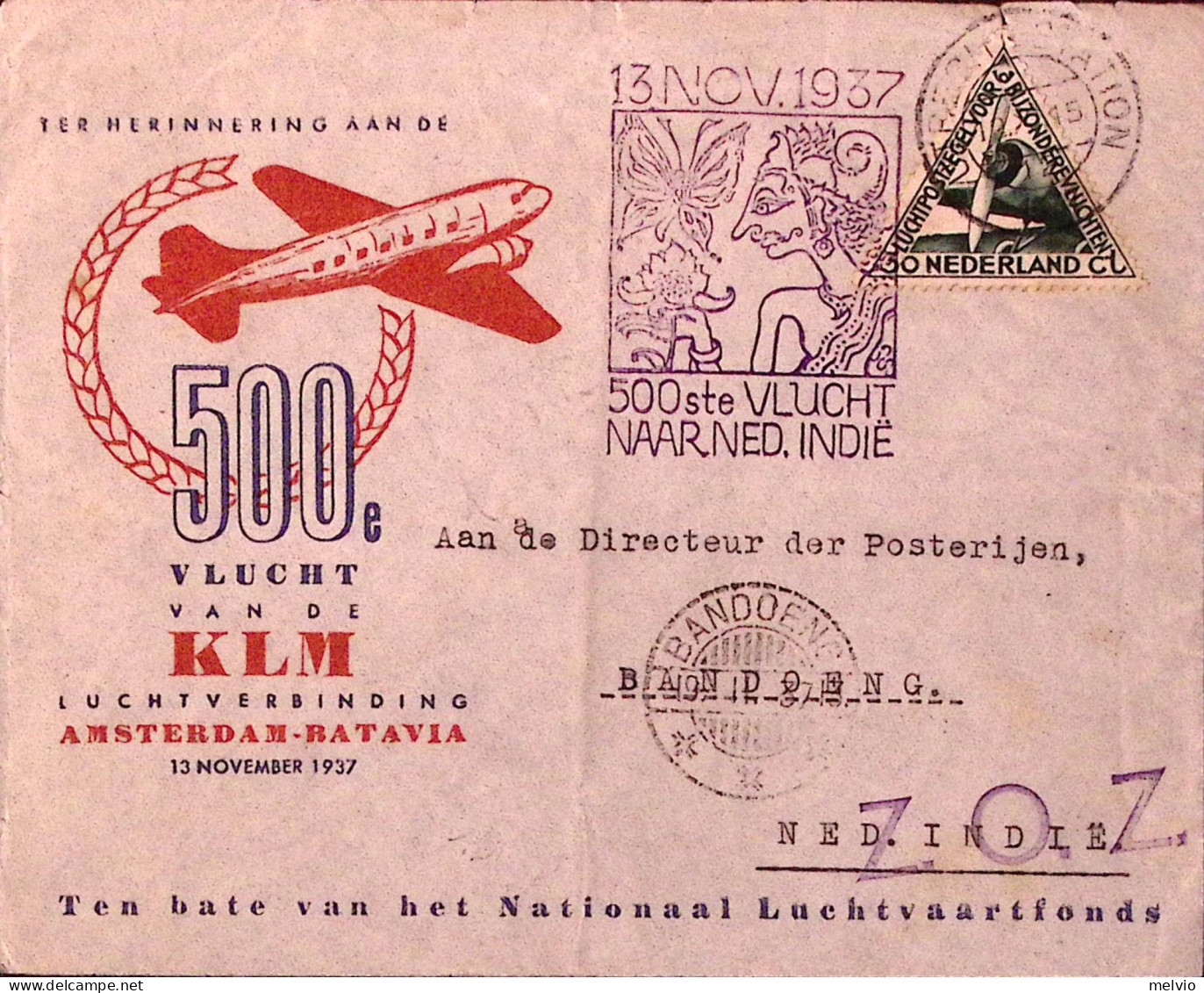 1937-OLANDA NEDERLAND 500 VOLO KLM AMSTERDAM-BATAVIA Amsterdam-Central Station ( - Luchtpost