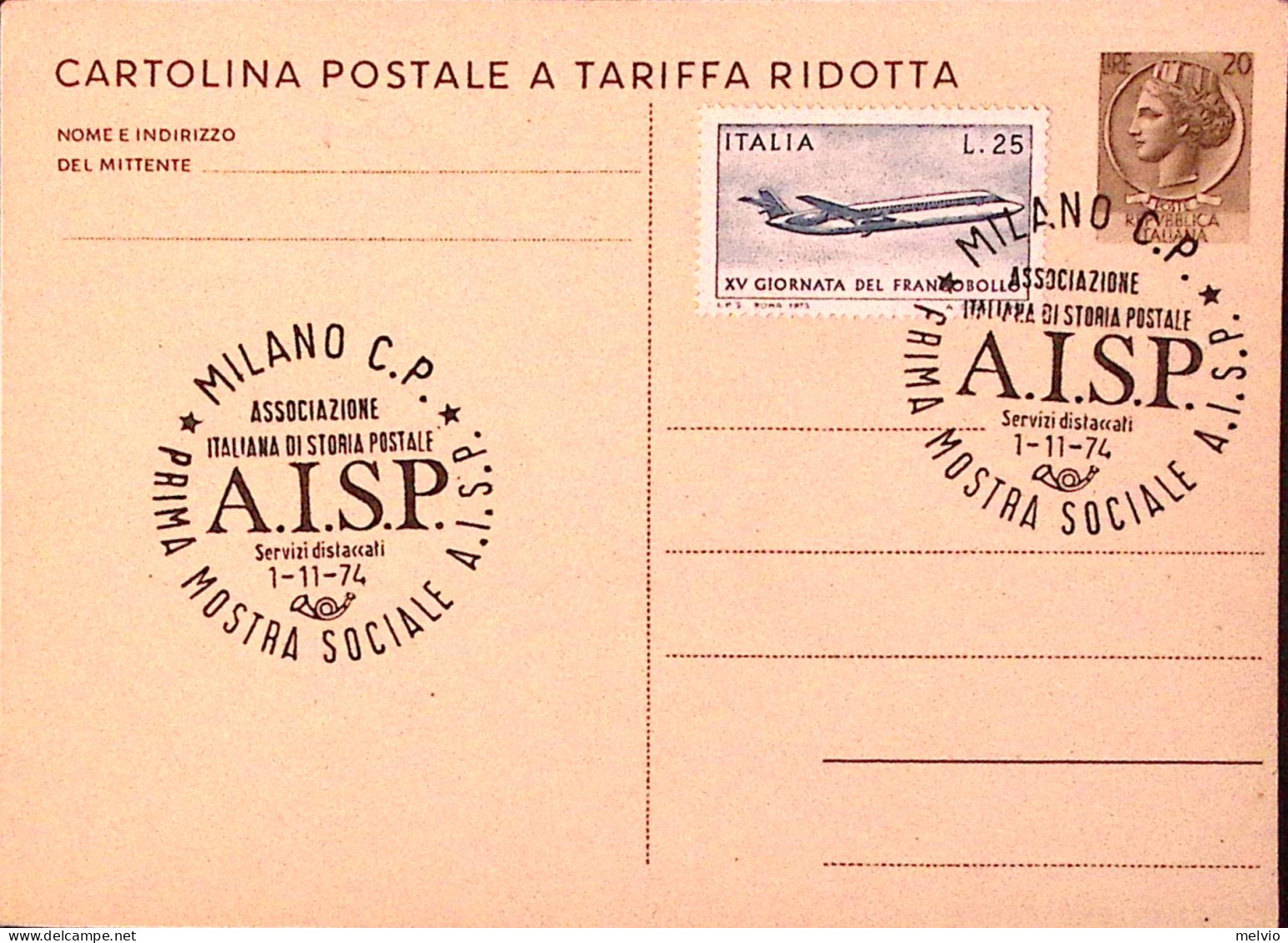 1974-ITALIA 1 Mostra Ass. Storia Postale/Milano (1.11) Ann. Spec. - 1971-80: Marcophilia