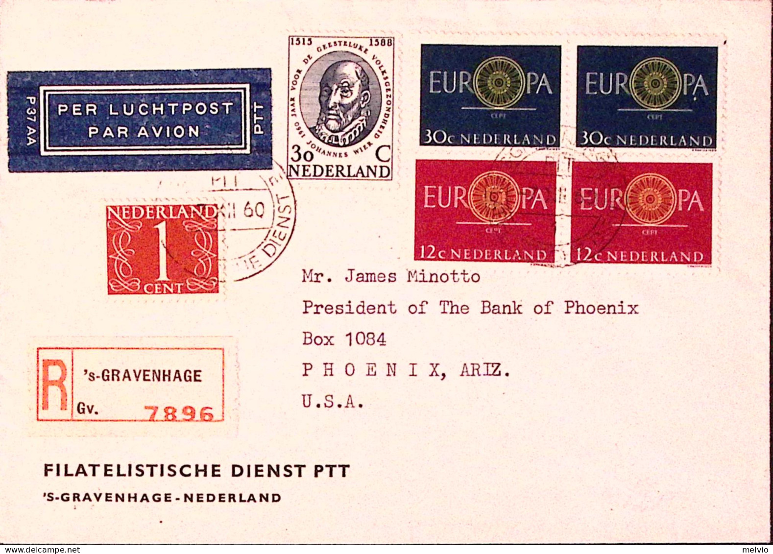 1960-OLANDA NEDERLAND Europa Due Serie Cpl. + Altri Su Racc. Via Aerea Per Gli U - Postal History