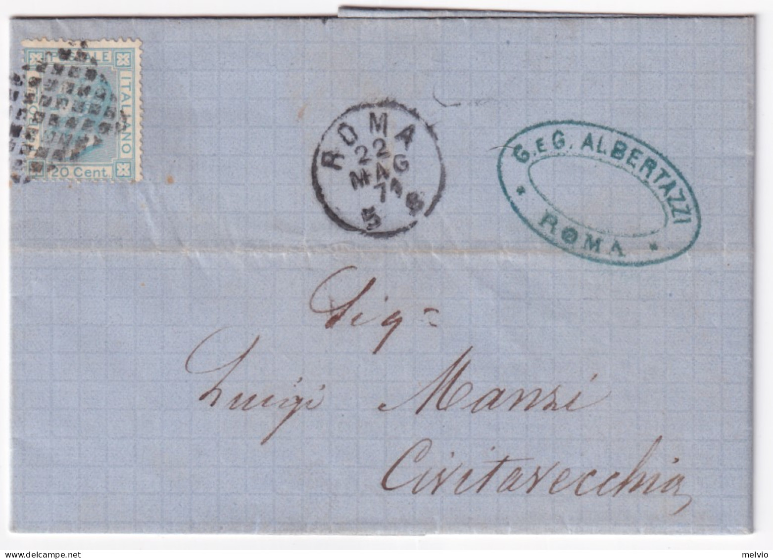 1871-ROMA C1+griglia (22.5) Su Lettera Completa Testo Affrancata C.20 (L26) - Marcofilía