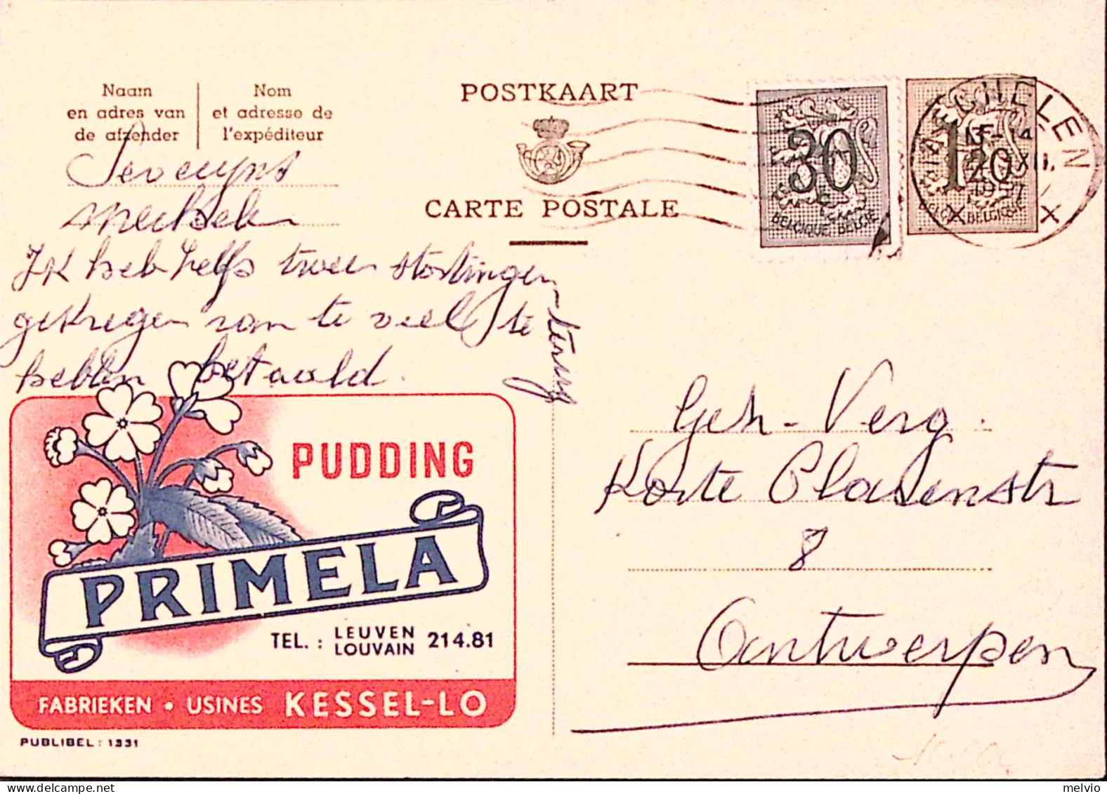 1957-Belgio  Cartolina Postale F.1,20 Pubbl. PRIMELA Viaggiata Per Olanda Franco - Andere & Zonder Classificatie