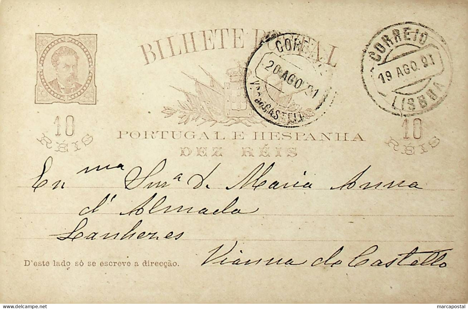 1891 Portugal Bilhete Postal Inteiro D. Luís 10 + 10 R. Castanho Enviado De Lisboa Para Viana Do Castelo - Entiers Postaux