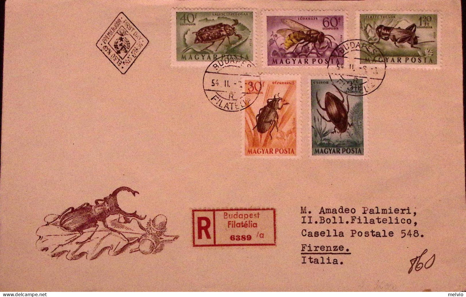 1954-Ungheria MAGYAR PA Insetti Serie Cpl. (160/9) Due Fdc Racc. Per Italia - FDC