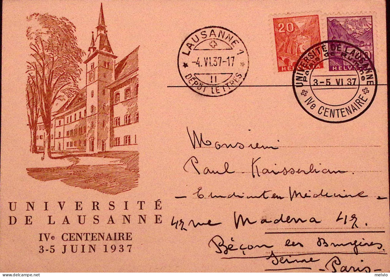 1937-Svizzera SUISSE 400 Universita' Di Losanna (3.5)) Ann. Spec. Su Cartolina P - Sonstige & Ohne Zuordnung