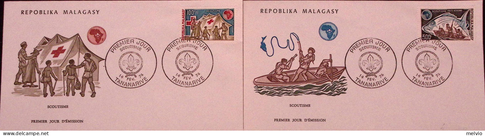1974-Madagascar Scoutismo Serie Cpl. (538/9+PA 135/6) Quattro Fdc - Madagascar (1960-...)