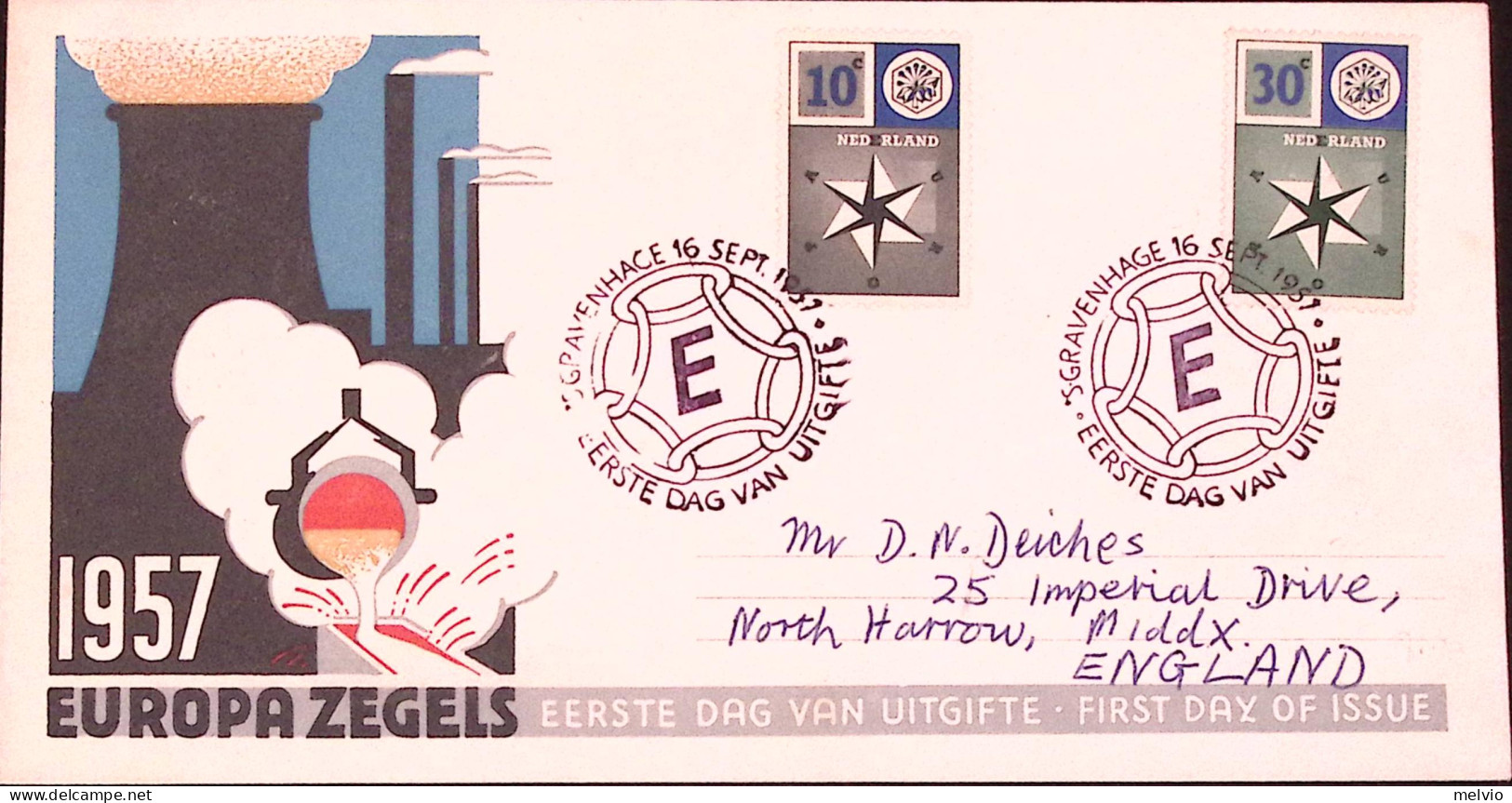 1957-OLANDA NEDERLAND Europa Serie Cpl. Su Busta Per La Gran Bretagna - Postal History