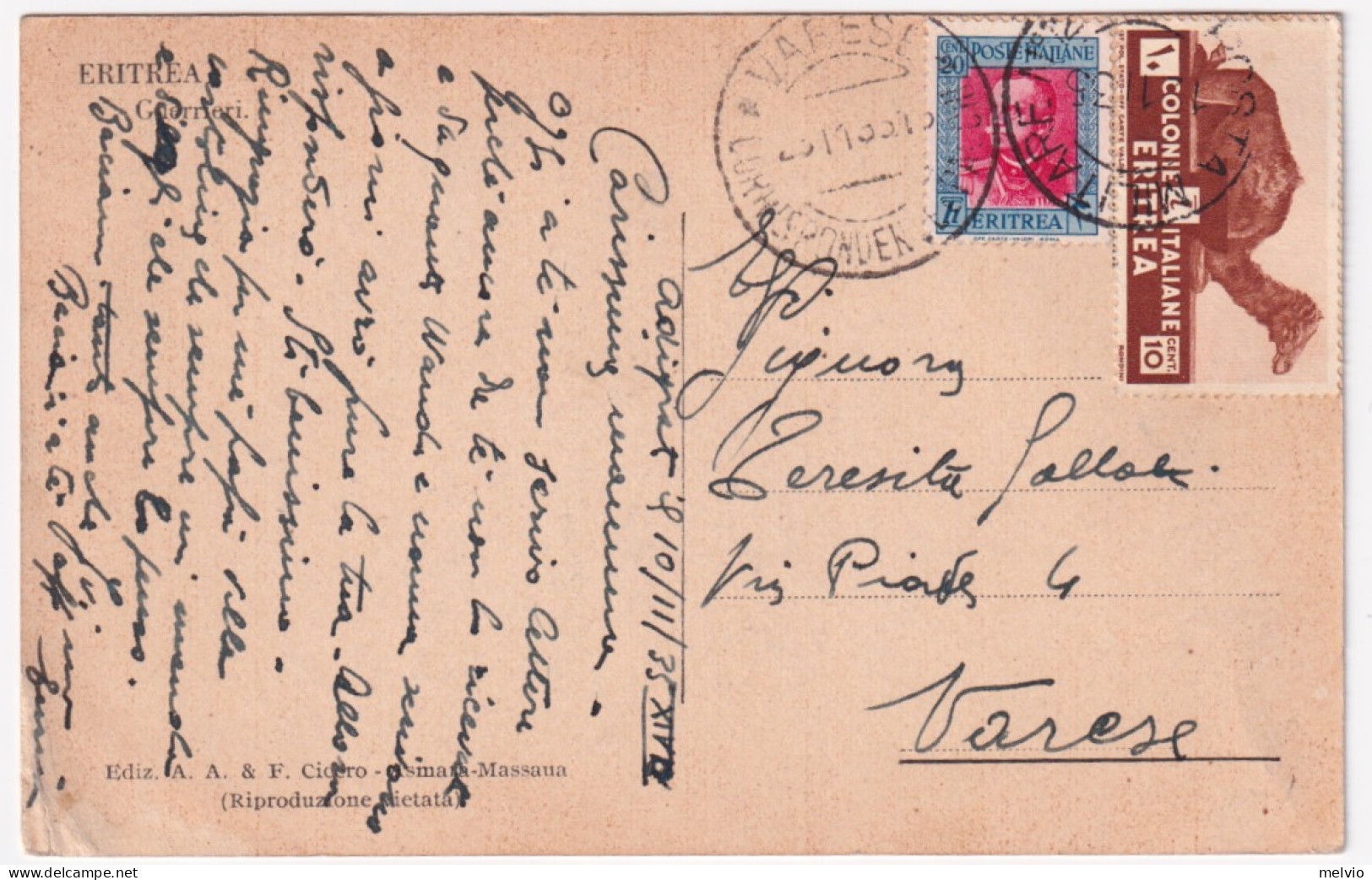 1935-ERITREA Ordinaria C.20 + Pittorica C.10 Su Cartolina (Guerrieri) PM 12 (11. - Erythrée