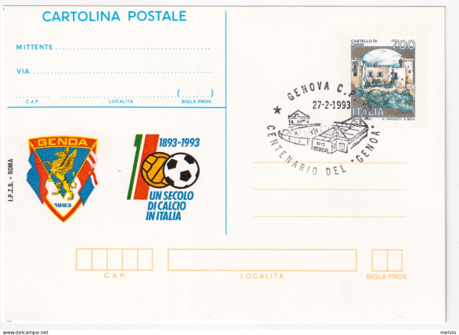 1993-Cartolina Postale Lire 700 Con Soprastampa IPZS GENOA, Annullo Speciale (27 - Entero Postal