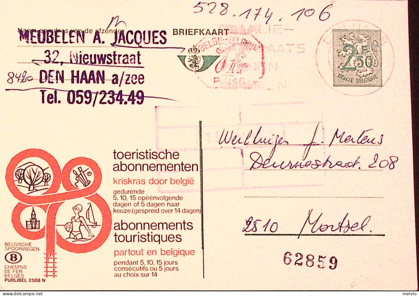 1973-Belgio  Cartolina Postale F.2,50+7,00 Pubblicitaria Abbonamenti Turistici U - Sonstige & Ohne Zuordnung