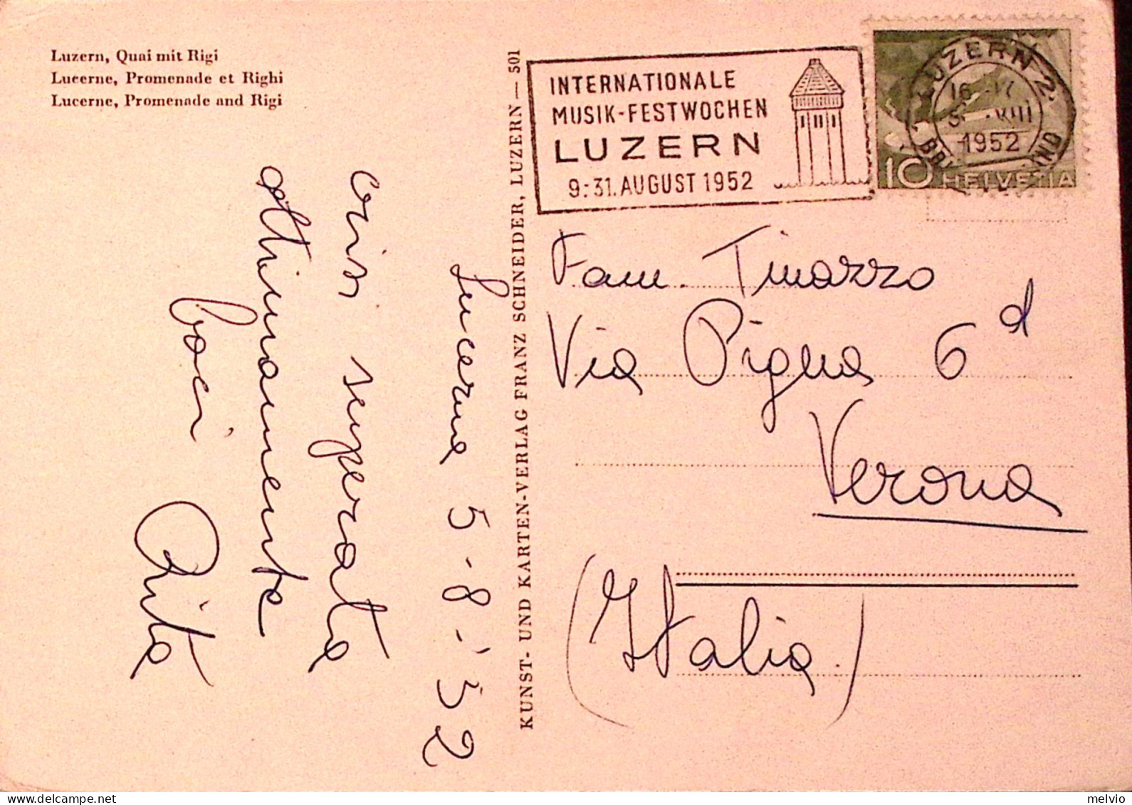 1952-Svizzera SUISSE Settimana Intern. Musica/Lucerna (5.8) Ann. Targhetta - Altri & Non Classificati