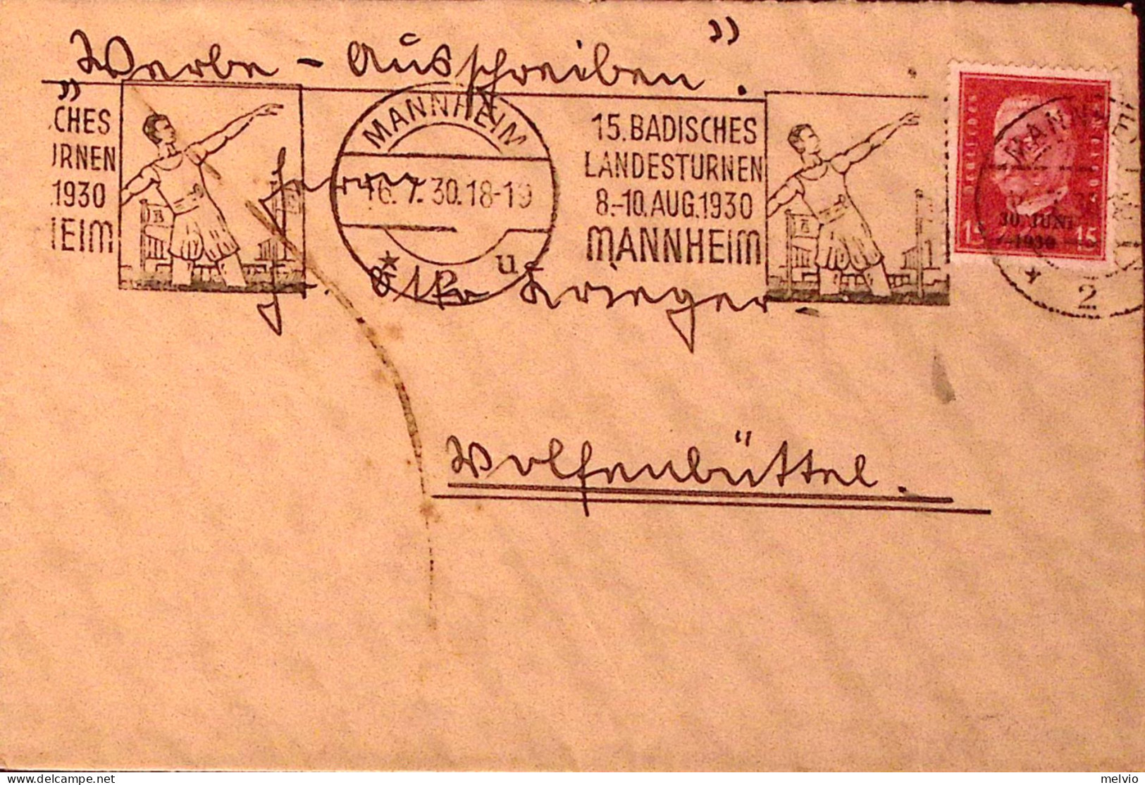 1930-GERMANIA REICH 15 Giochi Sportivi Mannheim (16.7) Ann. Su Busta Affr. Riann - Cartas & Documentos