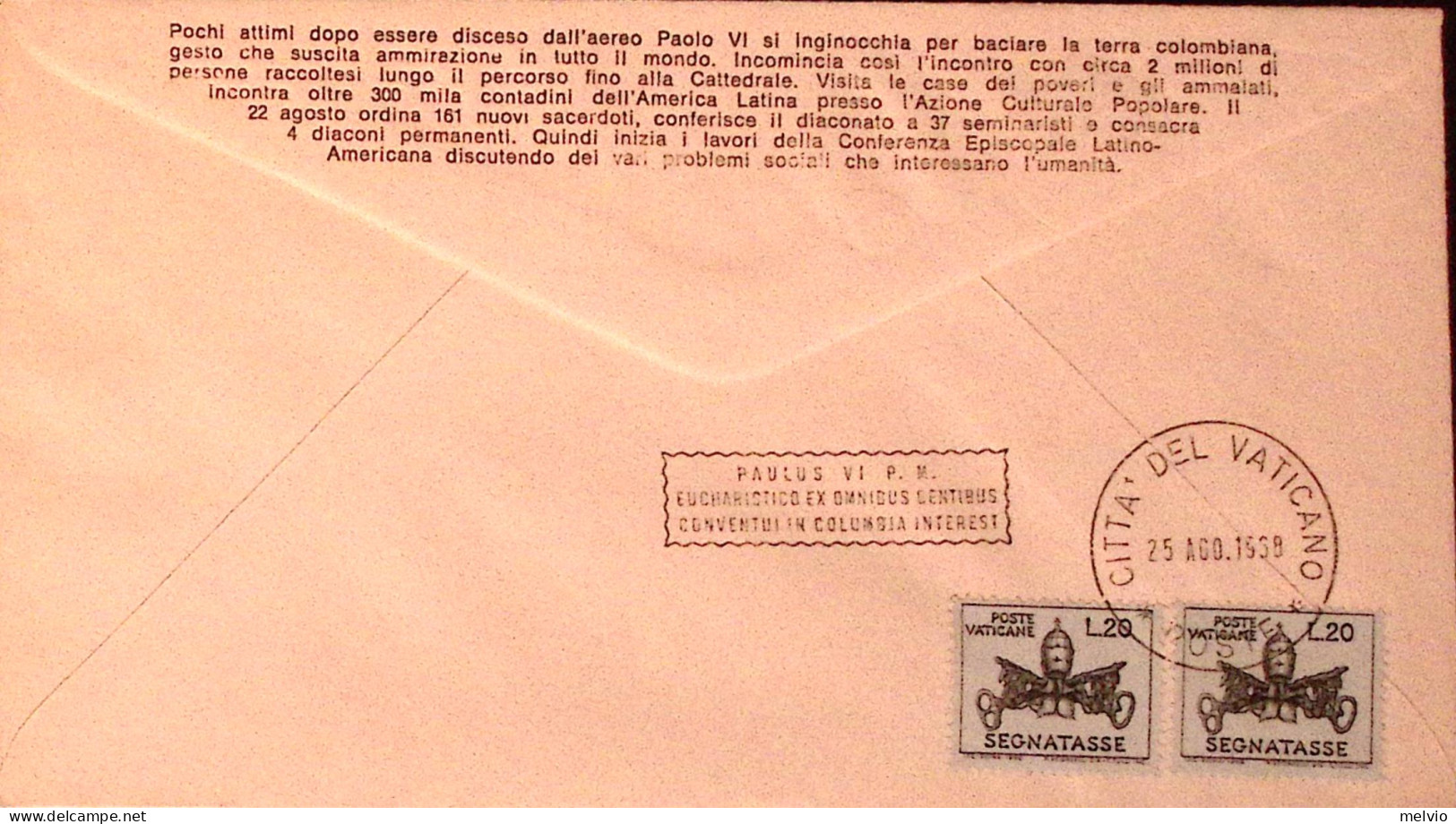 1968-Colombia Volo Pontefice BOGOTA'-ROMA (24.8) Ann. Spec. - Kolumbien