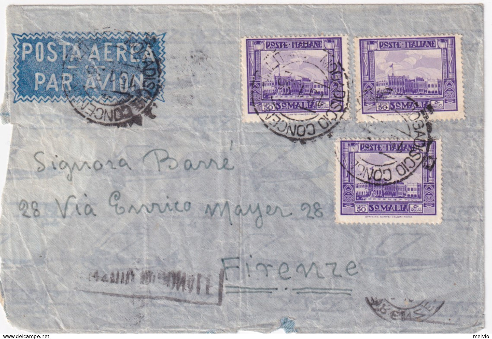 1936-SOMALIA Tre C.50 Su Busta Via Aerea Mogadiscio Concetr Militare (15.1) - Somalie