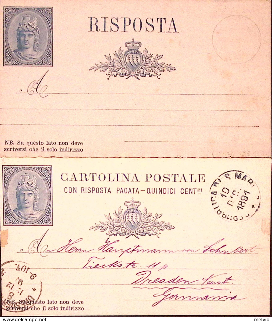 1891-SAN MARINO Cartolina Postale Risposta Pagata Libertas (azzurro Risposta Non - Postal Stationery