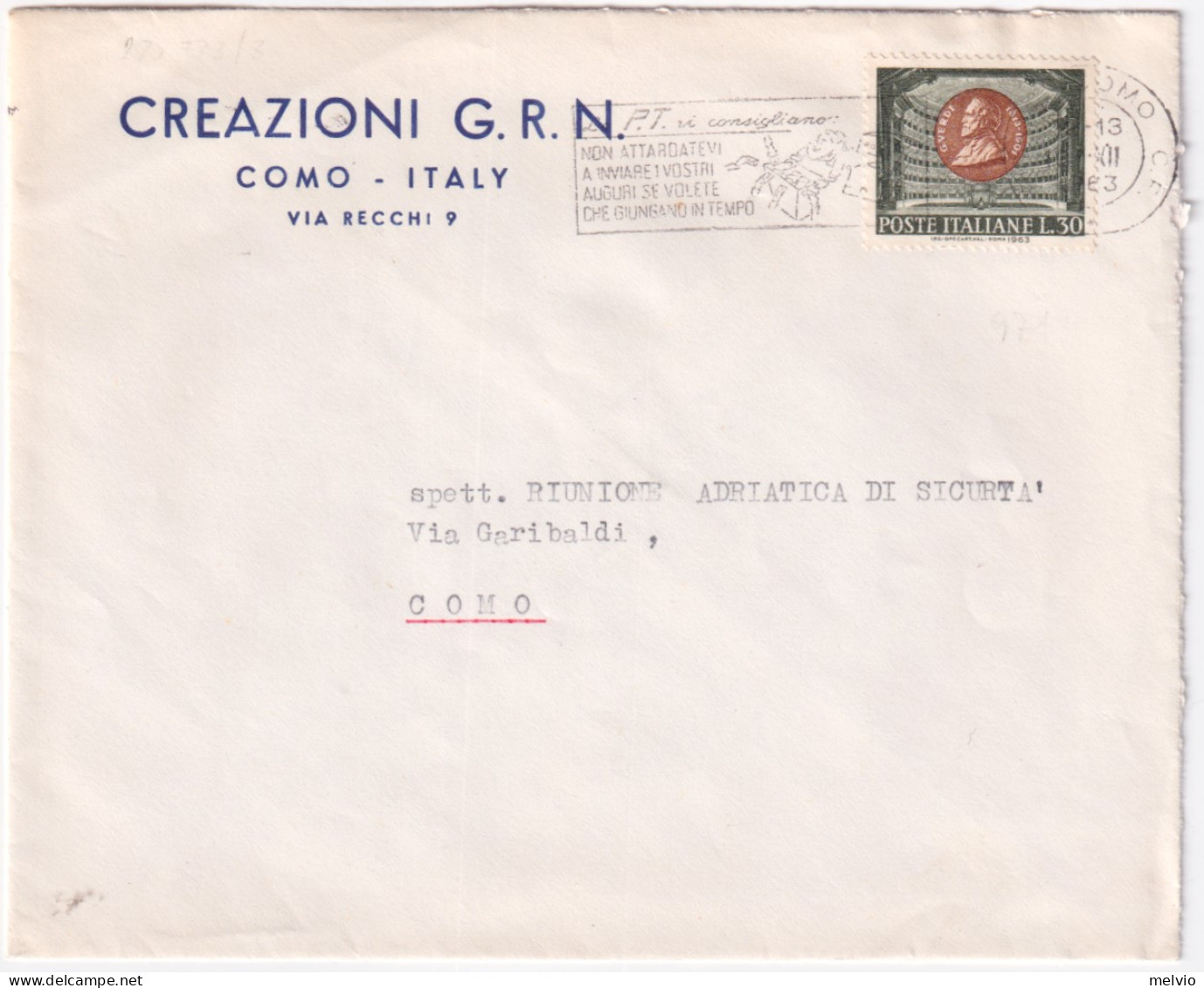 1963-G. VERDI (971) Isolato Su Busta - 1961-70: Storia Postale