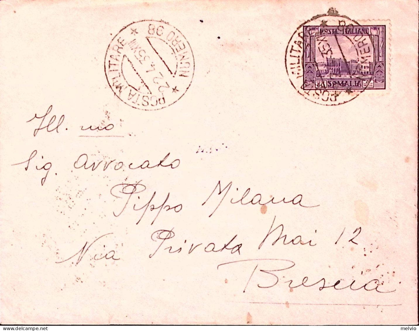 1935-Posta Militare/NUMERO 98 C.2 (22.4) Su Busta Affrancata Somalia - Somalia