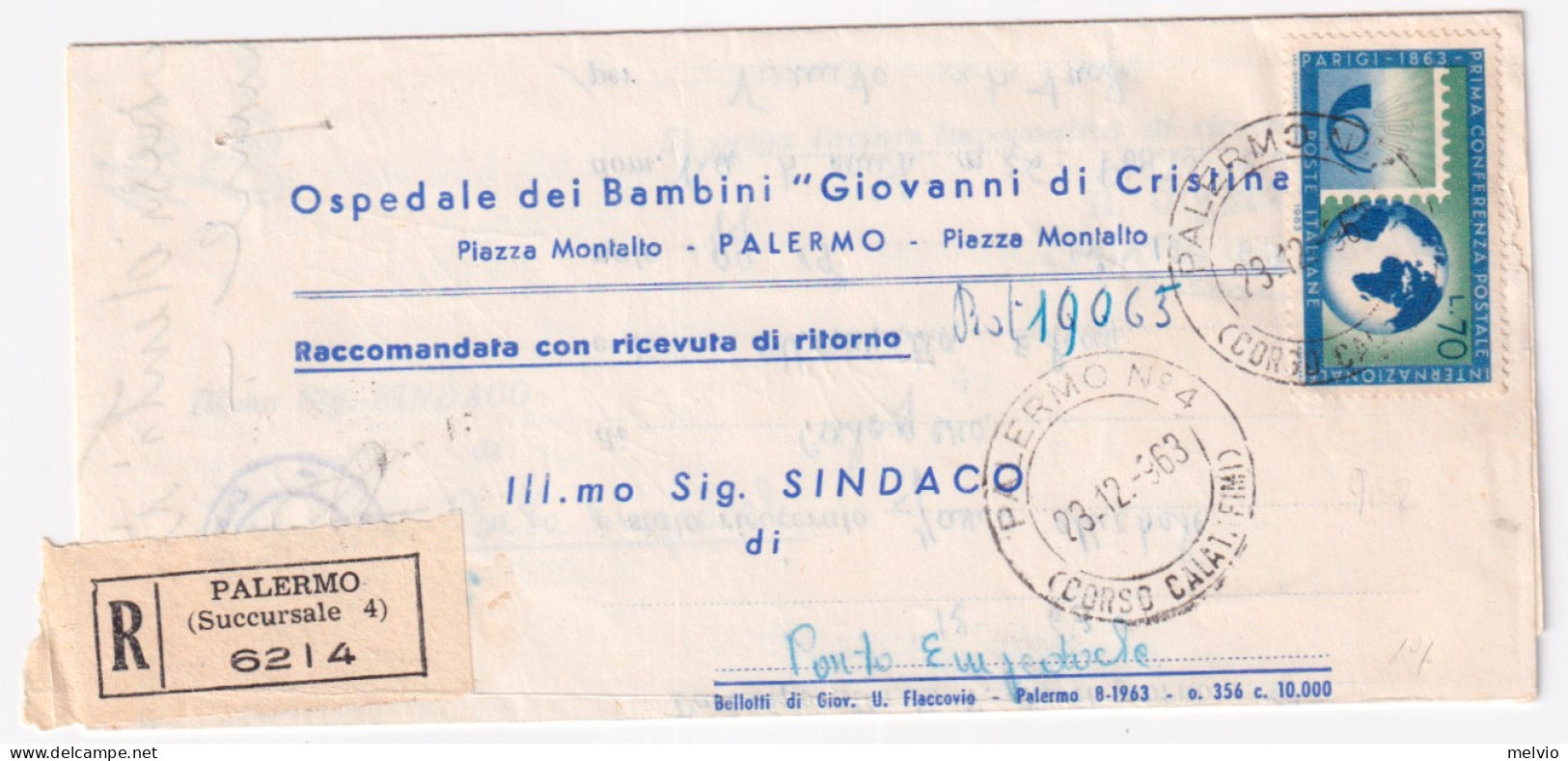 1963-U.P.U. Lire 70 (962) Isolato Su Piego Raccomandato Palermo (23.12) - 1961-70: Storia Postale