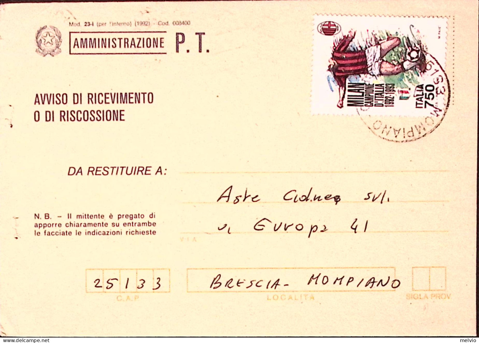 1995-MILAN CAMPIONE CALCIO1993 Lire 750 (2063) Isolato Su Avviso Ricevimento - 1991-00: Marcofilie