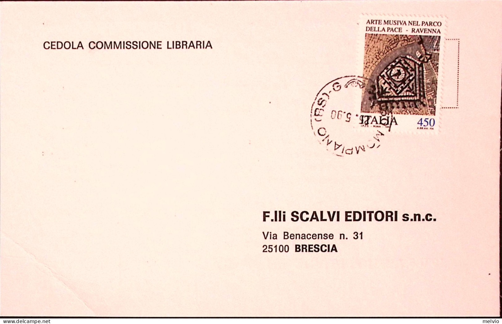 1990-ARTE MUSIVA PARCO RAVENNA Lire 450 (1939) Isolato Su Cedola Commissione Lib - 1981-90: Storia Postale